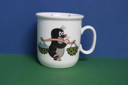 Kubek Porcelán Thun dla dzieci z krecikiem dzielnie trzymającym kasztany na kijku