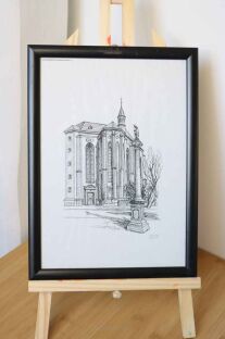 Reprodukcja grafiki Strahov na jasnej sztaludze w kącie na białym tle

