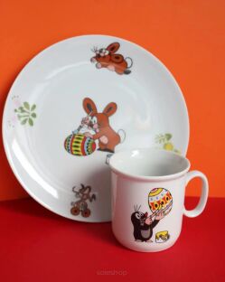 Zestaw Wielkanocny Porcelán Thun z talerzykiem i kubkiem z krecikiem i zajączkiem z jajkiem