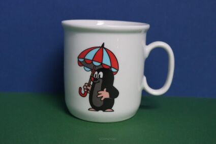 Kubek Porcelán Thun dla dzieci z krecikiem trzymającym czerwono-niebieską parasolkę