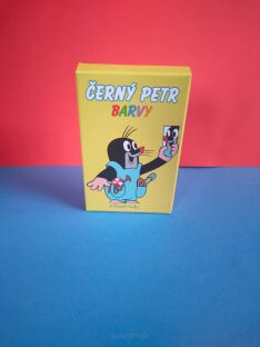 Gra karciana Czarny Piotruś z Krecikiem trzymającym w łapce lusterko na czerwono-niebieskim tle
