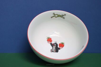 Miska dziecięca Porcelán Thun z uśmiechniętym krecikiem trzymającym truskawki i żabkami
