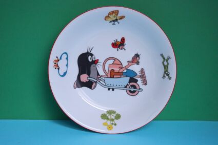 Talerz głęboki Porcelán Thun z krecikiem z taczką, z motylkiem, żabką, biedronką i ptaszkami 