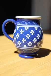 Piękny ceramiczny kubek granatowy w białe kropki w pełnym słońcu i z uszkiem po lewej
