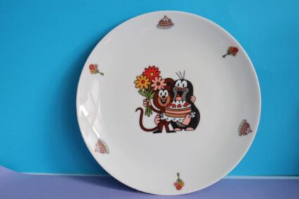 Talerz płaski Porcelán Thun  dla dzieci z myszką trzymającą kwiaty i krecikiem z tortem